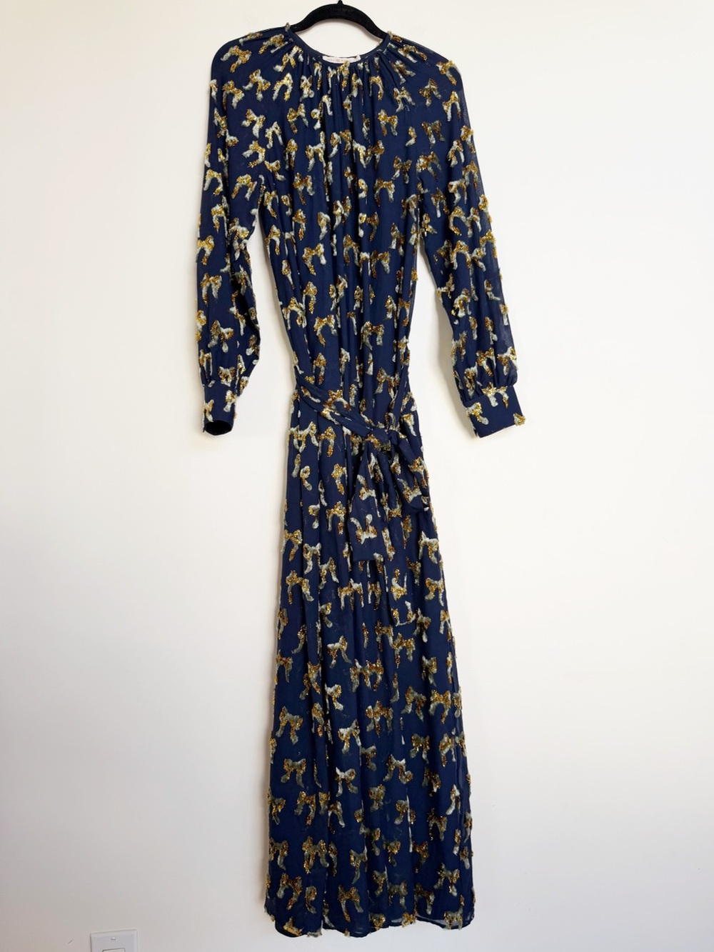 Tory Burch Elegant Navy Blue Gold Allover Fil Coupe Bow Print Maxi Dress Size 4